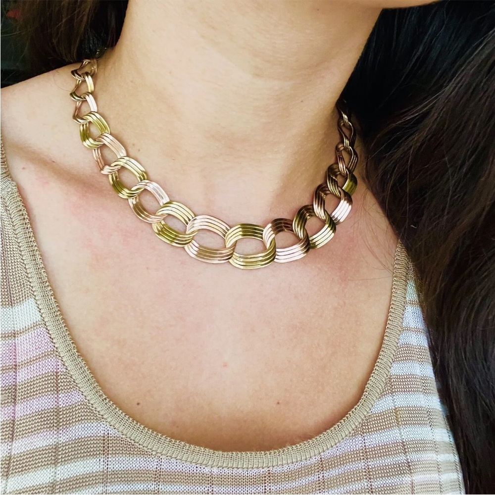 BIG 14K Solid Gold Binder Bros NY 2 Tone Graduated Chain Link Necklace 1950s MCM - Picture 2 of 10